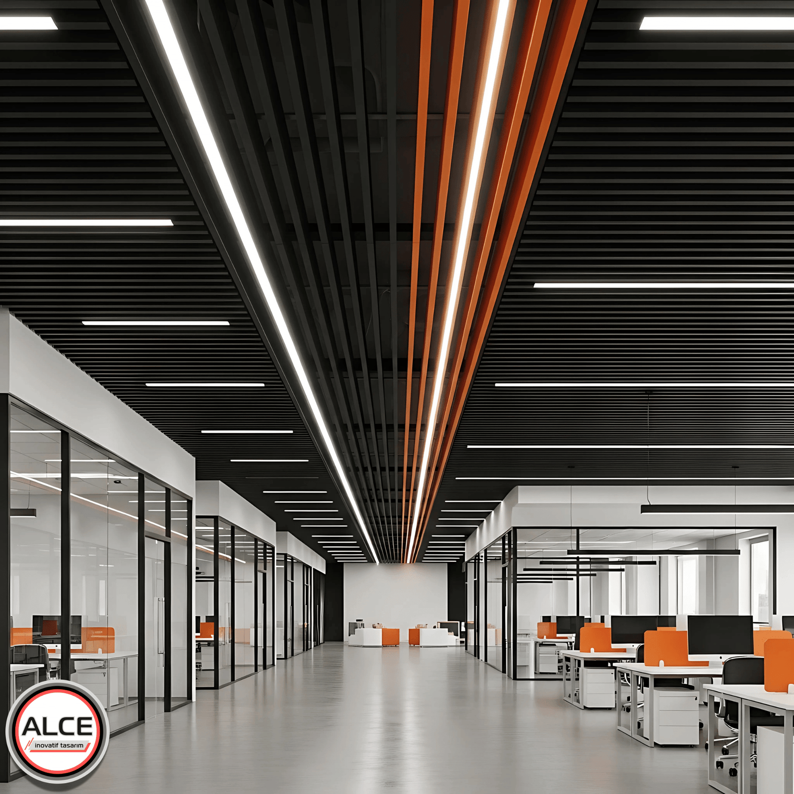 Siyah ve turuncu tonlarda lineer LED aydınlatmalı metal baffle asma tavan sistemi, modern ofis iç mekân uygulaması – Alce İnovatif Tasarım